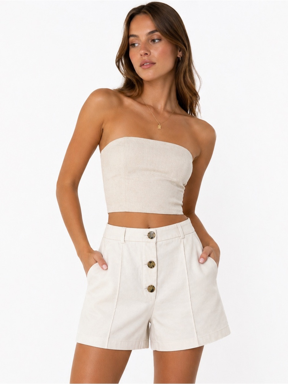 ZARA High-Waisted Tailored Shorts Cream | Botones Frontales | Talla M